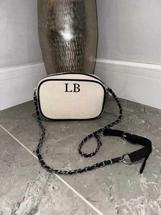 Crossbody Canvas Initial Chain Bag in Cream and Black