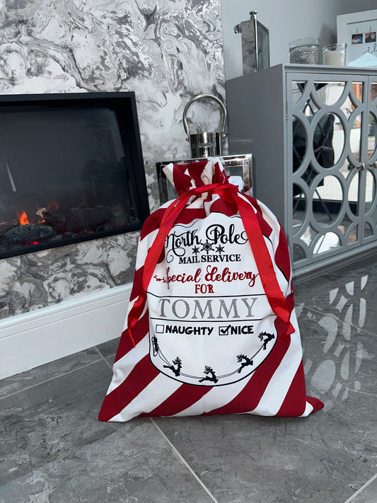 .Large Personalised Red Stripe Christmas Sack