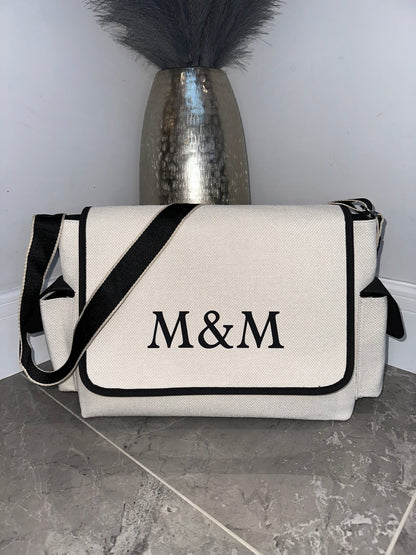 Baby Changing Nappy Bag Cream and Black Personalised Initial Name