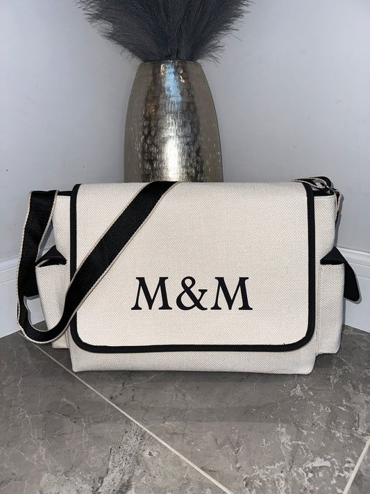 Baby Changing Nappy Bag Cream and Black Personalised Initial Name