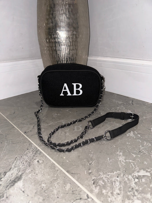 Crossbody Initial Canvas Chain Bag Black