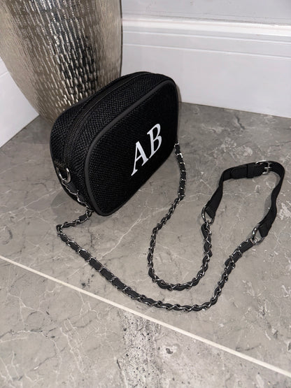 Crossbody Initial Canvas Chain Bag Black