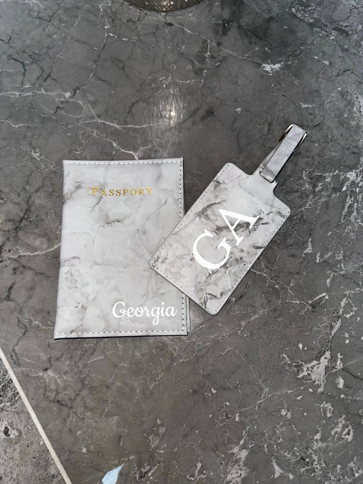 Personalised Passport Cover And Tag Grey Marble