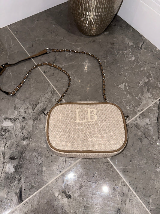 Crossbody Canvas Initial Chain Bag in Tan