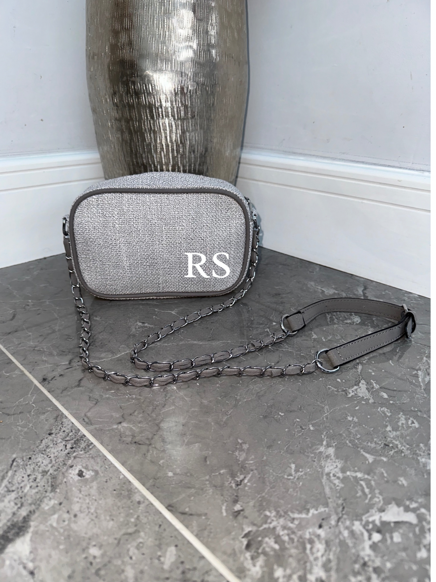 Crossbody Canvas Initial Chain Bag in Grey