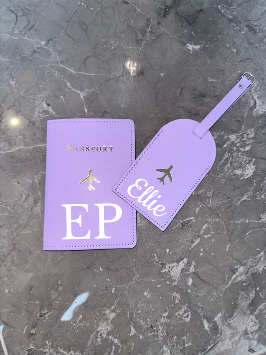 Personalised Passport Cover And Tag Lilac Purple