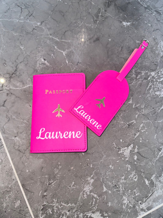 Personalised Passport Cover And Tag Hot Pink