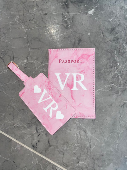 Personalised Passport Cover And Tag Pink Marble