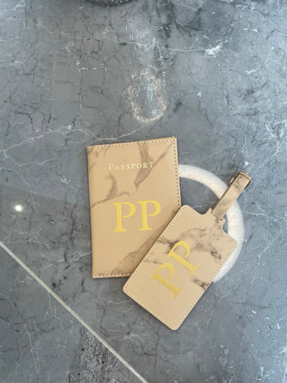 Personalised Passport Cover And Tag Beige Marble