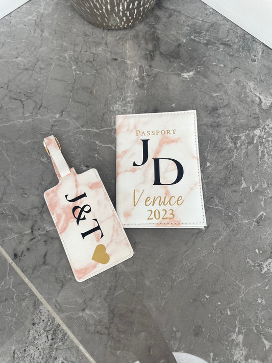 Personalised Passport Cover And Tag Peach Marble