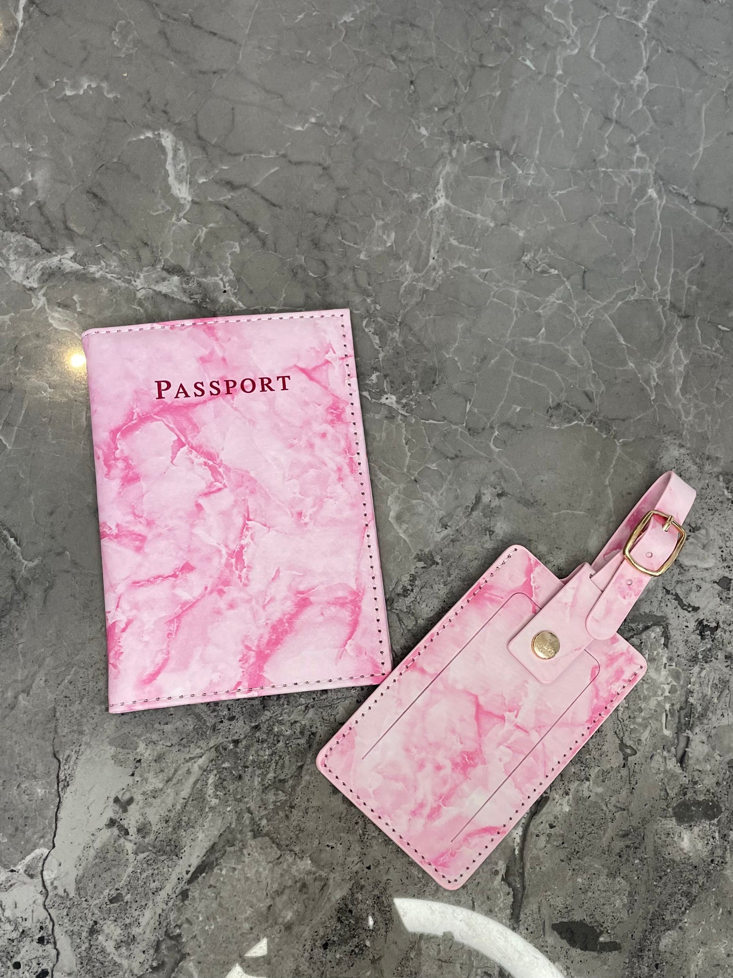 Personalised Passport Cover And Tag Pink Marble