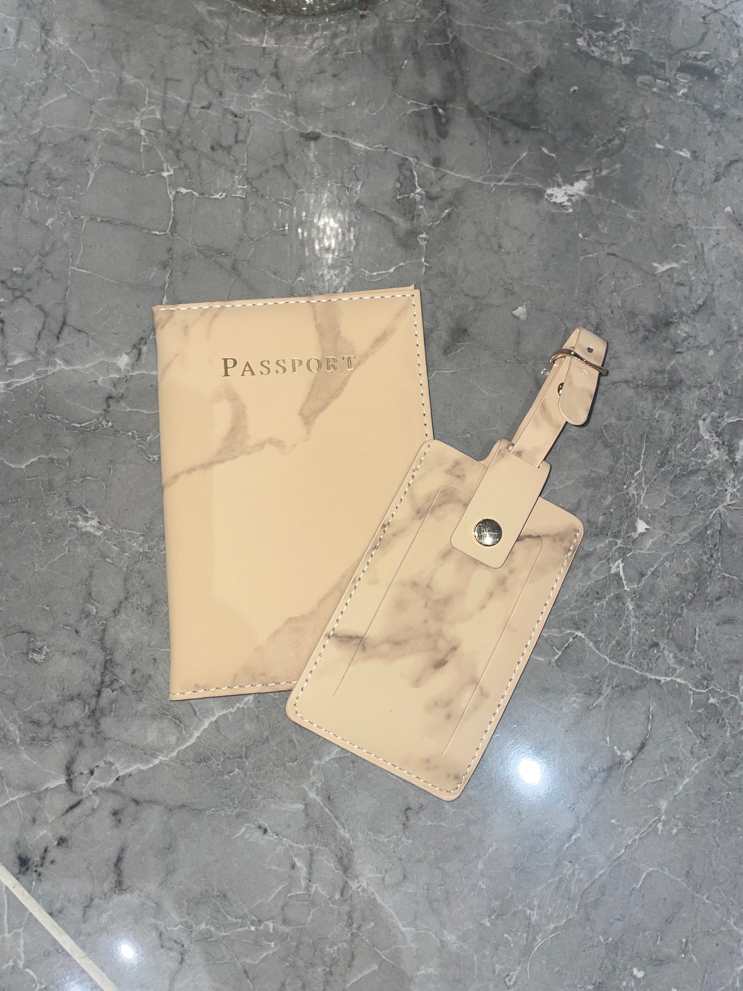 Personalised Passport Cover And Tag Beige Marble